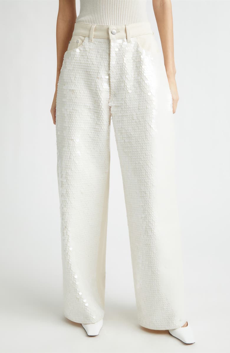 Stella McCartney Opalescent Sequin Wide Leg Jeans, Main, color, Ivory White Denim