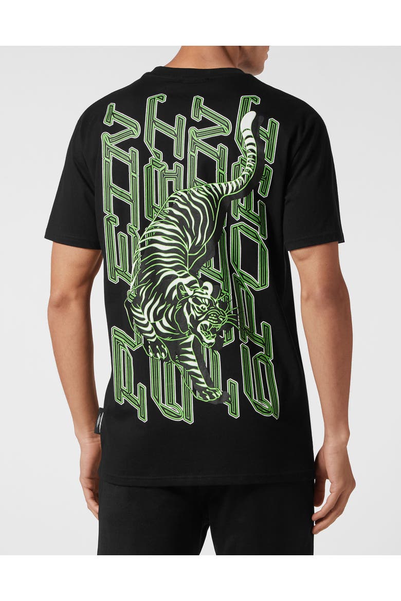 T-Shirt Round Neck Tiger Men, Alternate, color, black+greenfluo