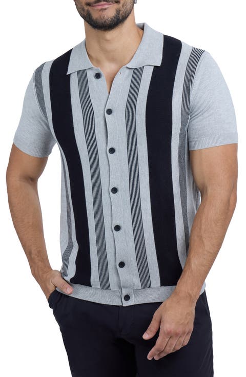 Classic Fit Stripe Short Sleeve Knit Button-Up Shirt