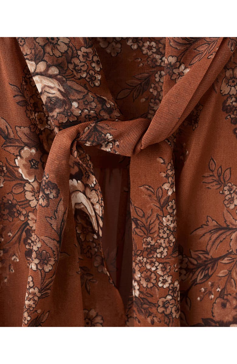 MANGO Floral Print Tie Neck Top, Alternate, color, Russet