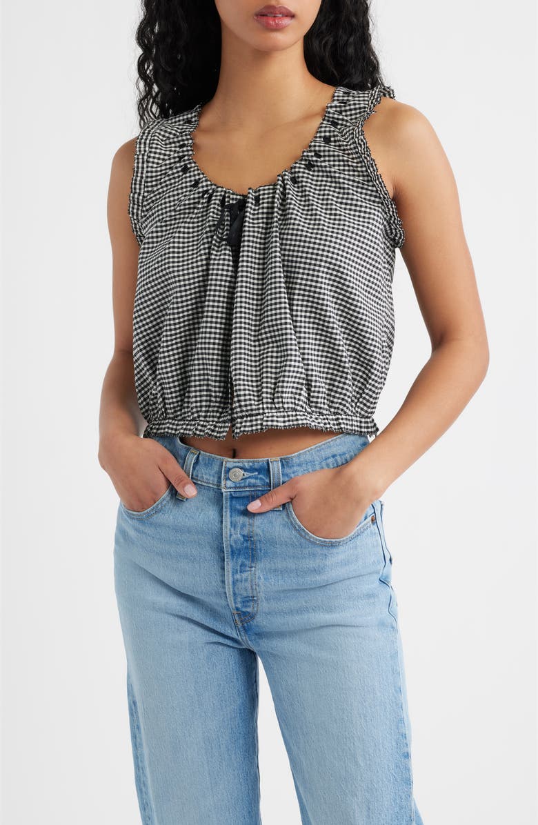 DÔEN Traveler Organic Cotton Gingham Top, Main, color, Noir La Maddalena Gingham