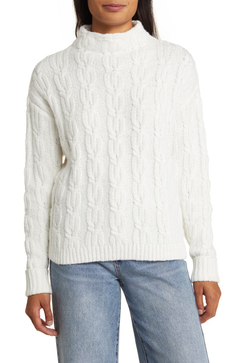 Cable Knit Funnel Neck Sweater, Main, color, IVORY CLOUD