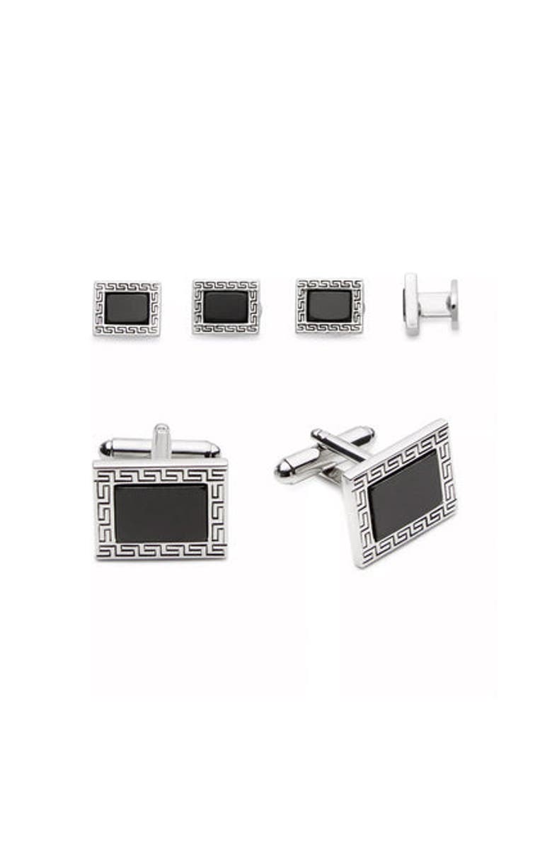 Link Up Greek Key Stud & Cufflinks Set with Black Enamel, Main, color, Black