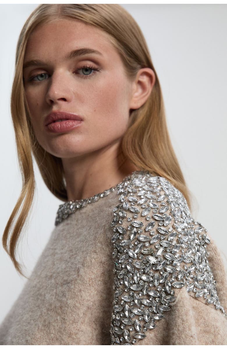 Karen Millen Embellished Trim Cosy Knit Jumper, Alternate, color, Oatmeal