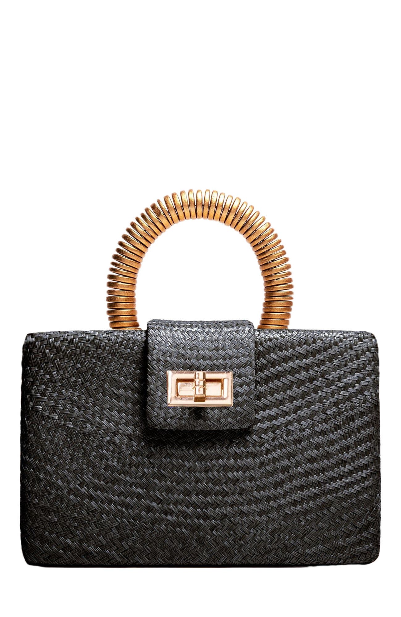 Soli & Sun THE GRACIE Woven Buntal Straw Clutch Bag, Main, color, Black & Gold