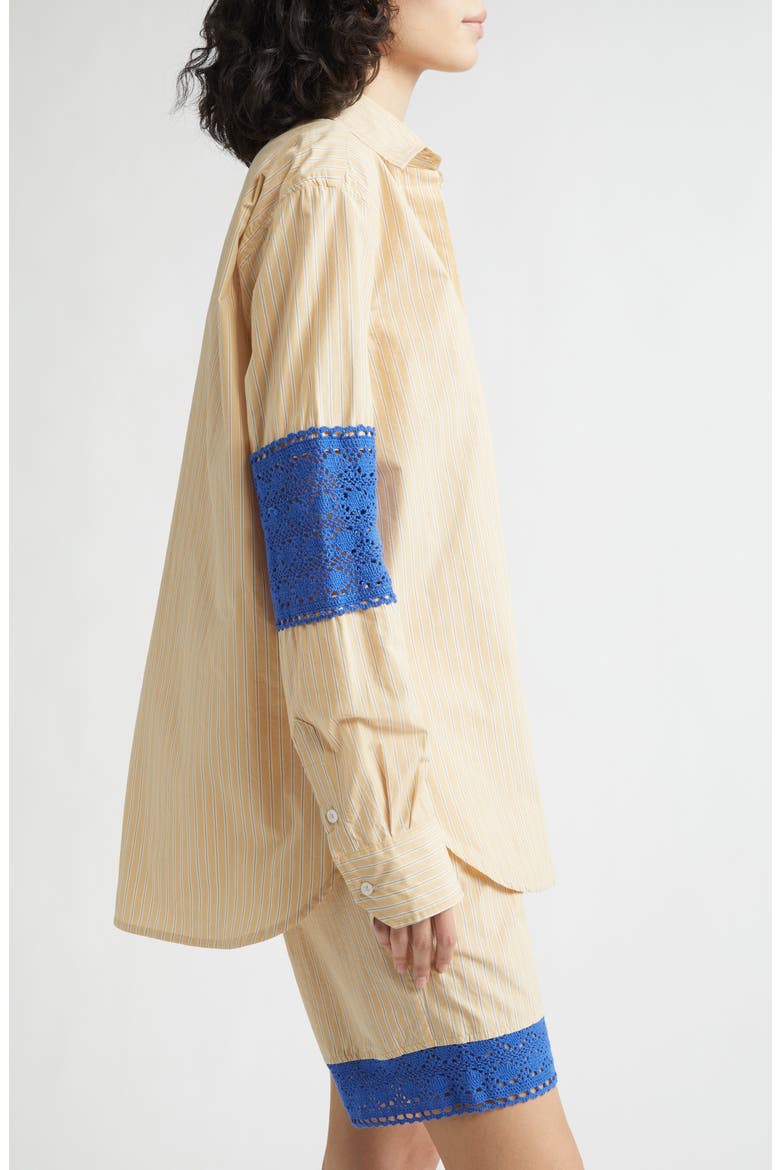 Oversize Stripe Organic Cotton Button-Up Shirt with Crochet Panels, Alternate, color, BEIGE