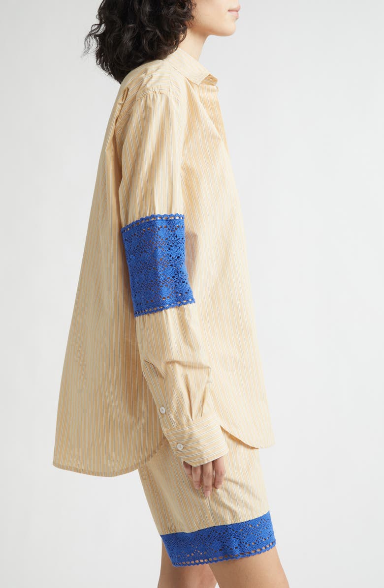 KÚR Oversize Stripe Organic Cotton Button-Up Shirt with Crochet Panels, Alternate, color, Beige