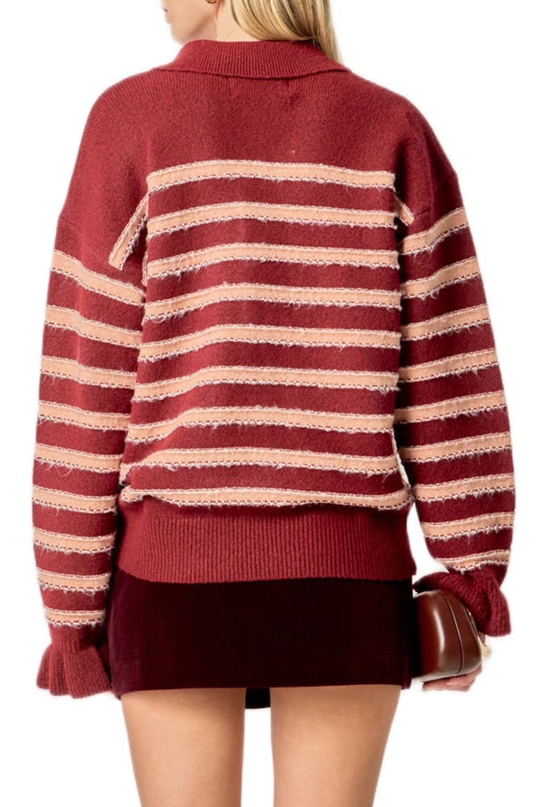 Stripe Ruffle Cuff Collar Cardigan, Alternate, color, BURGUNDY/SALMON
