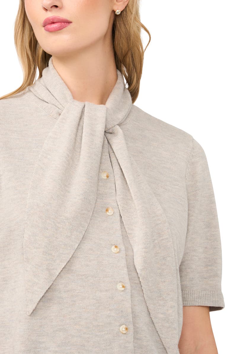 CeCe Tie Neck Short Sleeve Cardigan, Alternate, color, Warm Grey