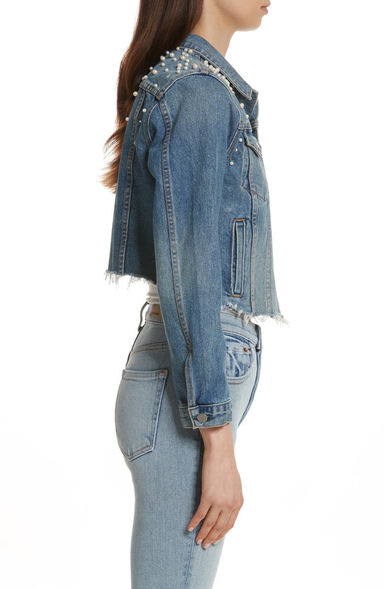 GRLFRND Eve Faux Pearl & Crystal Embellished Crop Denim Jacket, Alternate, color,