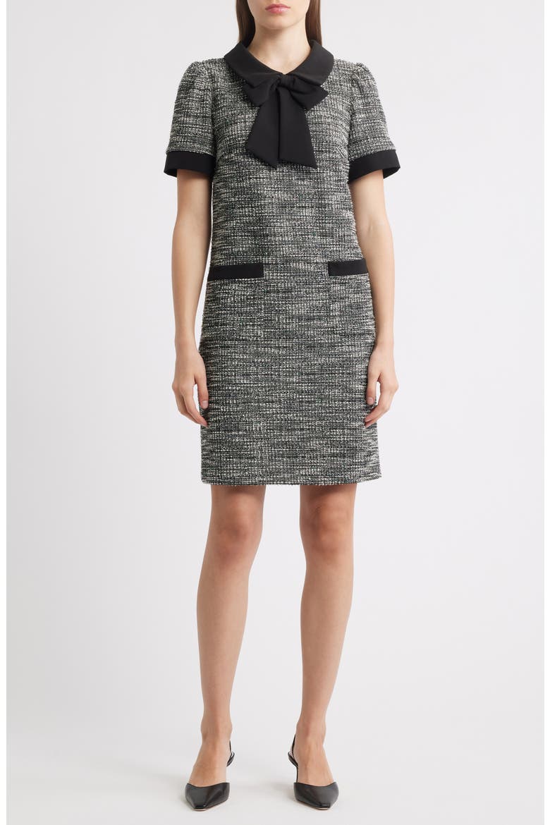 Bow Detail Bouclé Tweed Dress, Main, color, BLACK WHITE