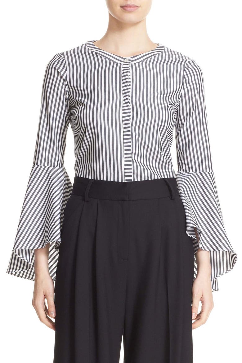 'Ruthie' Stripe Cotton Bell Sleeve Blouse, Main, color, BLACK