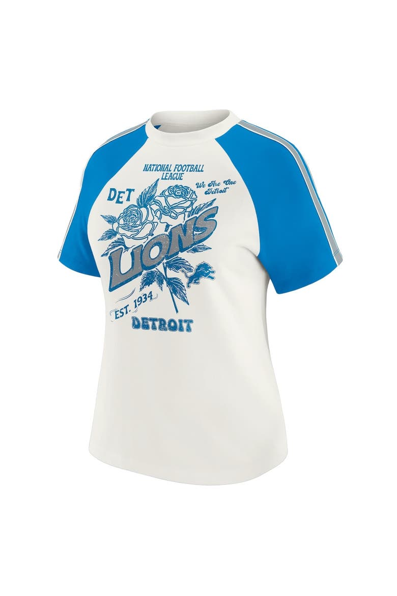 Women's WEAR by Erin Andrews White Detroit Lions Sleeve Stripe Distressed Raglan T-Shirt, Alternate, color, White