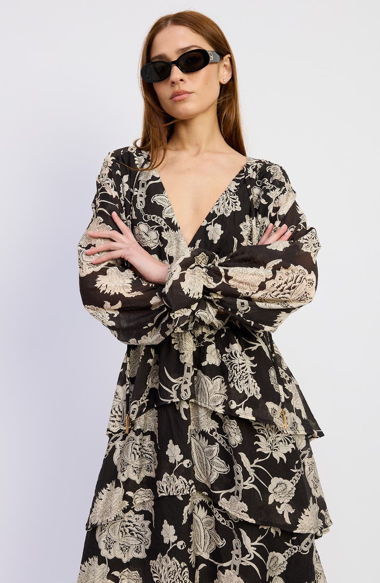 En Saison Elisabet Ruffle Long Sleeve High-Low Maxi Dress, Alternate, color, Black/ Ivory