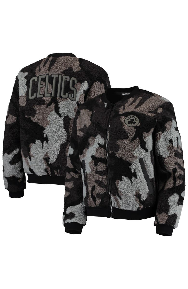 THE WILD COLLECTIVE Women's The Wild Collective Black Boston Celtics Camo Sherpa Full-Zip Bomber Jacket, Main, color, Black