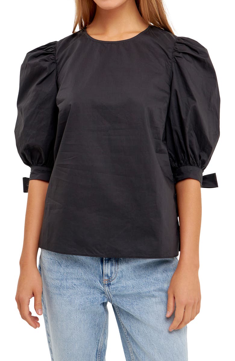 English Factory Bow Banded Puff Sleeve Blouse, Alternate, color, Black