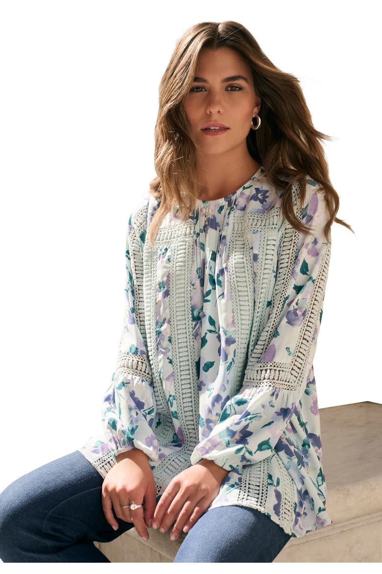 Lace-Trim Blouson-Sleeve Top, Main, color, CLOUD BLUE WATERCOLOR