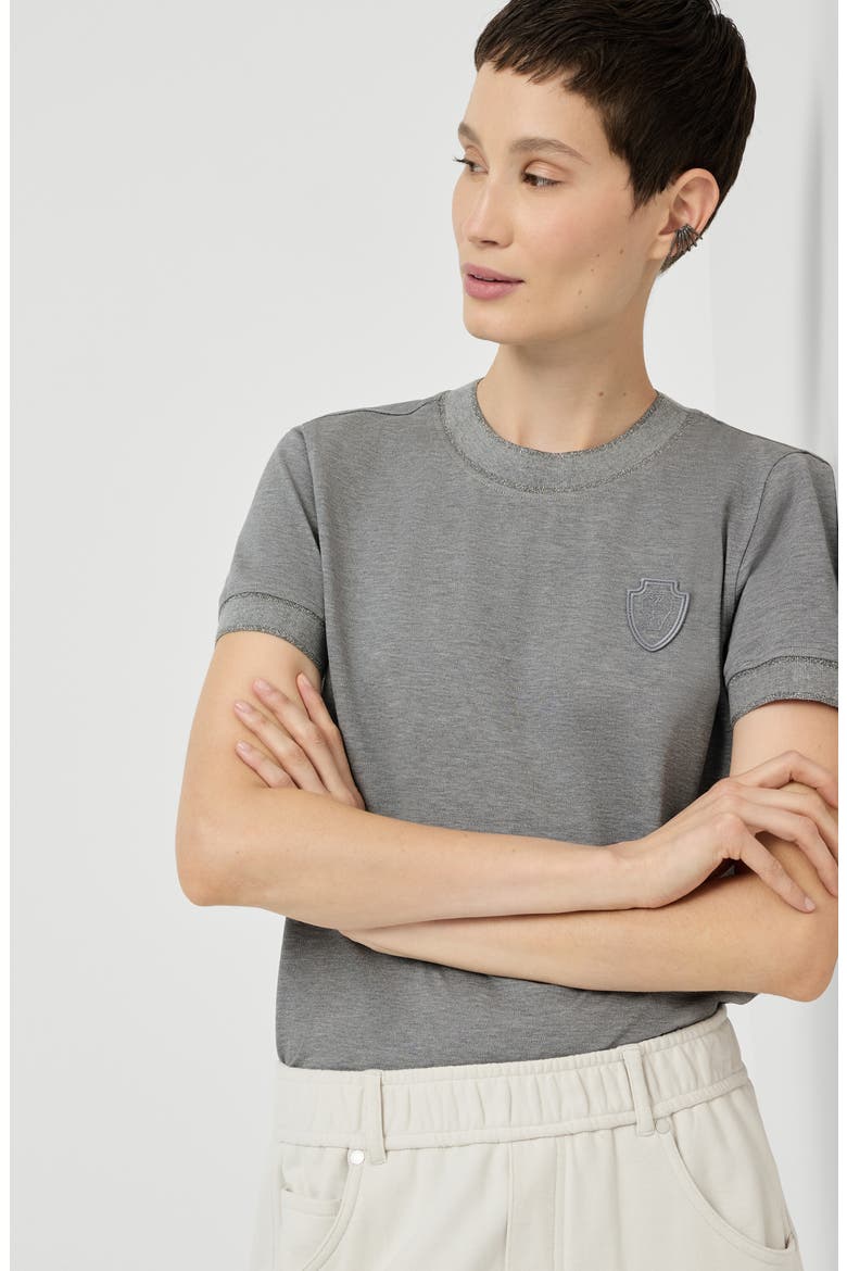 Stretch cotton piqué t-shirt with sparkling cotton knit inserts and logo, Alternate, color, Dark Grey
