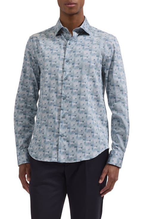 Axel Trim Fit Abstract Mosaic Print Stretch Cotton Button-Up Shirt