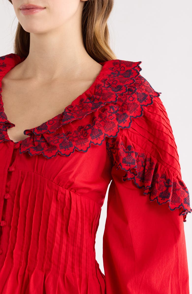 Damson Madder Caroline Embroidered Organic Cotton Peplum Top, Alternate, color, Red