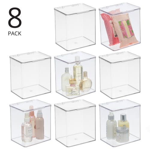 Mdesign Plastic Bath Stacking Storage Organizer Box, Hinged Lid, 8 Pack In Transparent