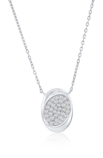 Simona Sterling Silver Pavé Cz Oval Pendant Necklace In Silver