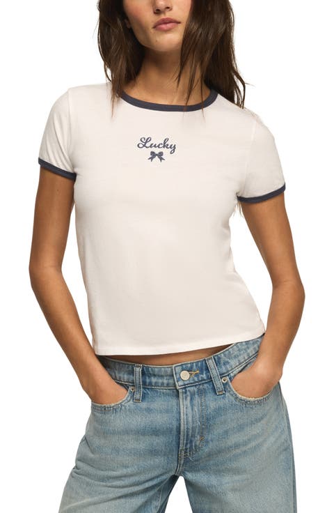 Lucky Embroidered Bow Crop Ringer T-Shirt