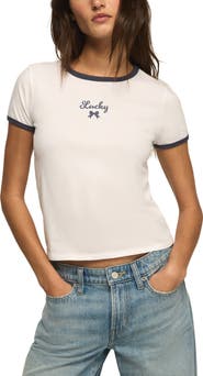 Lucky Brand Lucky Embroidered Bow Crop Ringer T-Shirt