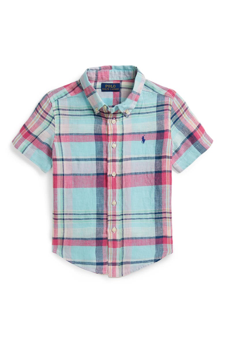 Kids' Plaid Short Sleeve Linen Madras Button-Down Shirt, Main, color, SEAFOAM PINK MULTI
