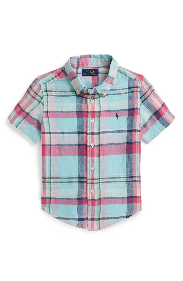 Polo Ralph Lauren Kids' Plaid Short Sleeve Cotton Madras Button-Down Shirt, Main, color, Seafoam Pink Multi