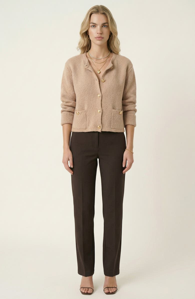 Modenaire Textured Knit Gold Button-Front Patch-Pocket Cardigan, Alternate, color, Beige