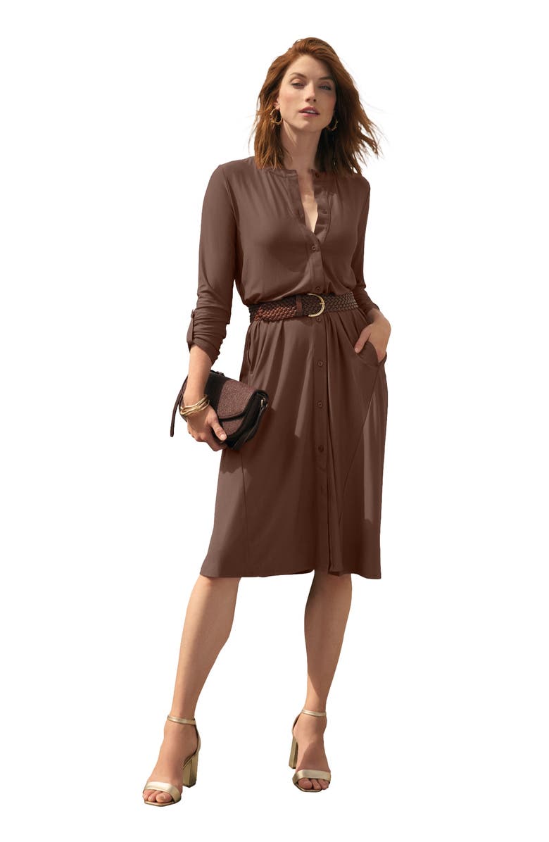 Jessica London ¾ Sleeve A-Line Shirt Dress, Main, color, Rich Brown