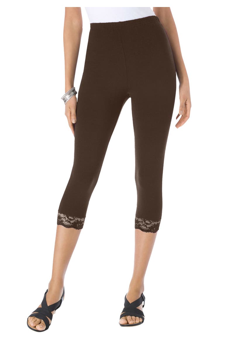Lace Trim Essential Stretch Capri Legging, Main, color, CHOCOLATE