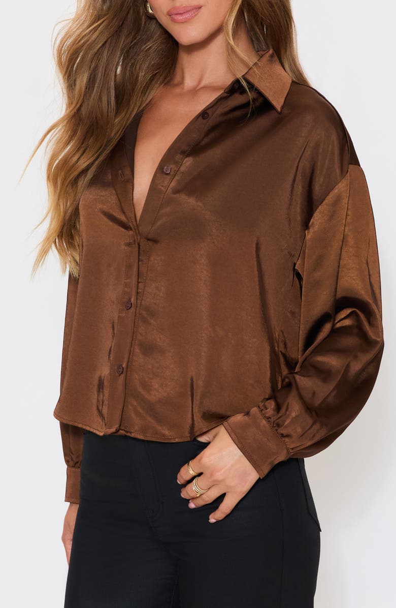 VICI Collection Chestnut Satin Button-Up Shirt, Alternate, color, Dark Brown
