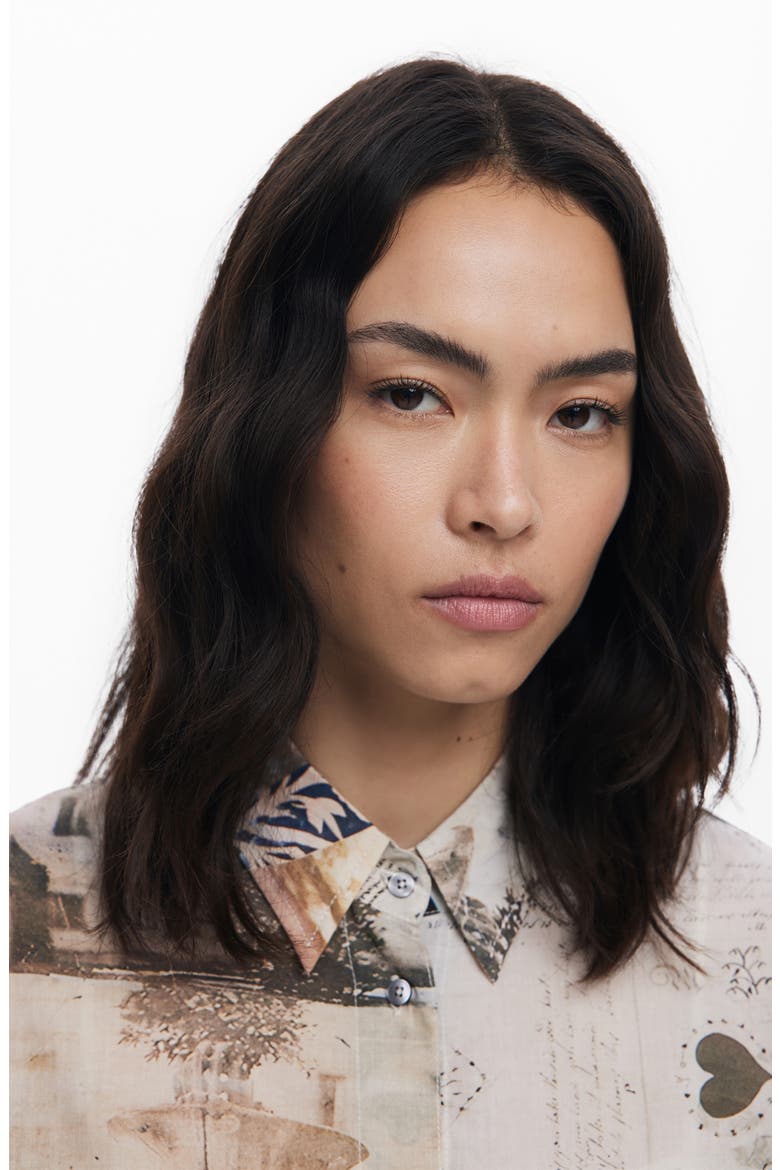 Collage Print Cotton Button-Up Shirt, Alternate, color, BEIGE