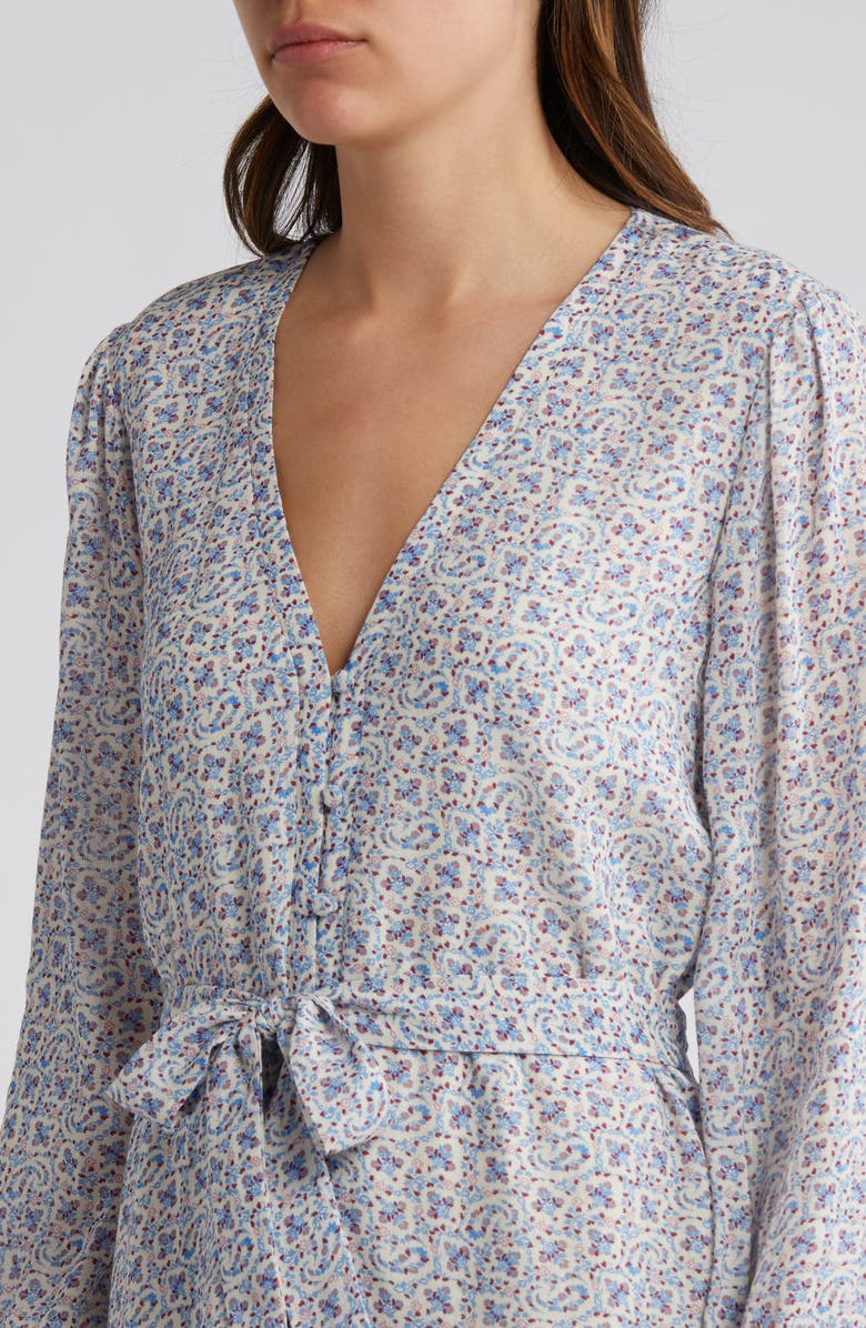 PAIGE Marlyn Paisley Long Sleeve Ruffle Hem Minidress, Alternate, color, French Blue White Multi