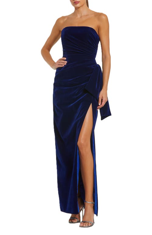 Mac Duggal Strapless High Slit Draped Velvet Gown In Cobalt
