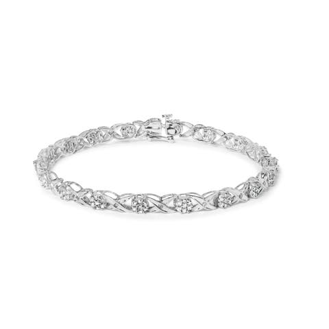 10K White Gold 1.00 Cttw Diamond Floral Cluster and X-Link 7.25" Bracelet