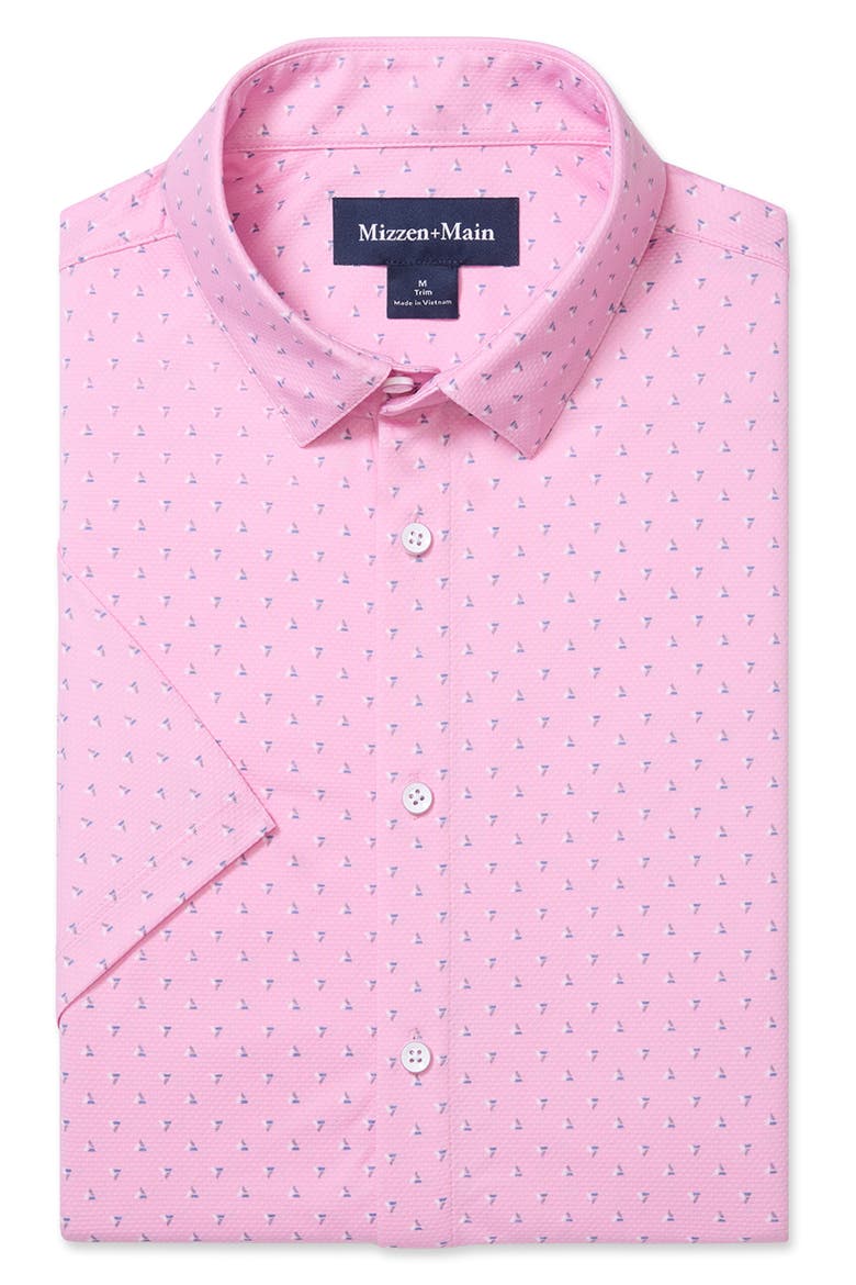 Halyard Geo Print Short Sleeve Performance Button-Up Shirt, Alternate, color, PINK SALT TOSSED TRIANGLE CLASSIC