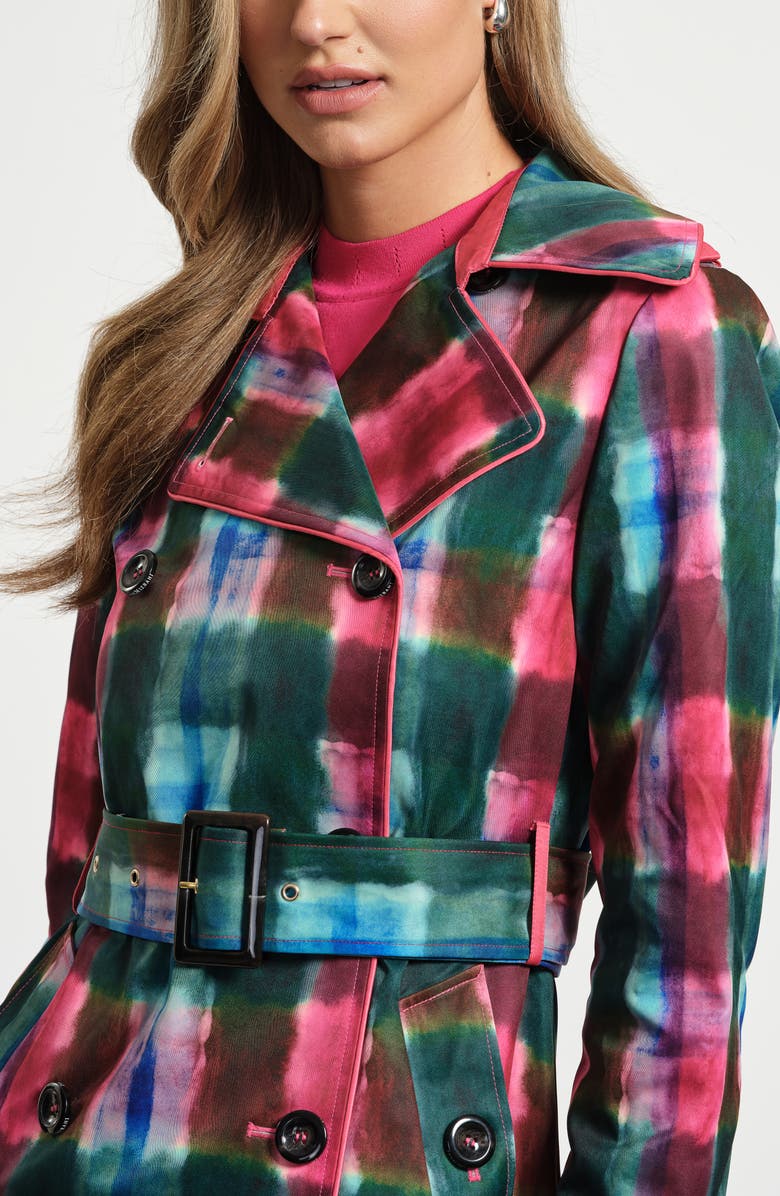 Isaac Mizrahi New York Plaid Double Breasted Trench Coat, Alternate, color, Watercolor Tartan