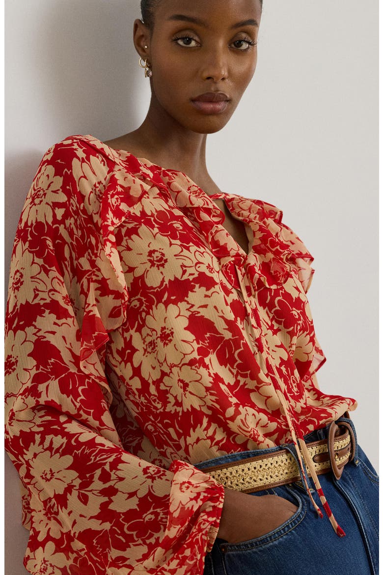 Floral Ruffle Detail Crinkle Top, Alternate, color, RED/ TAN