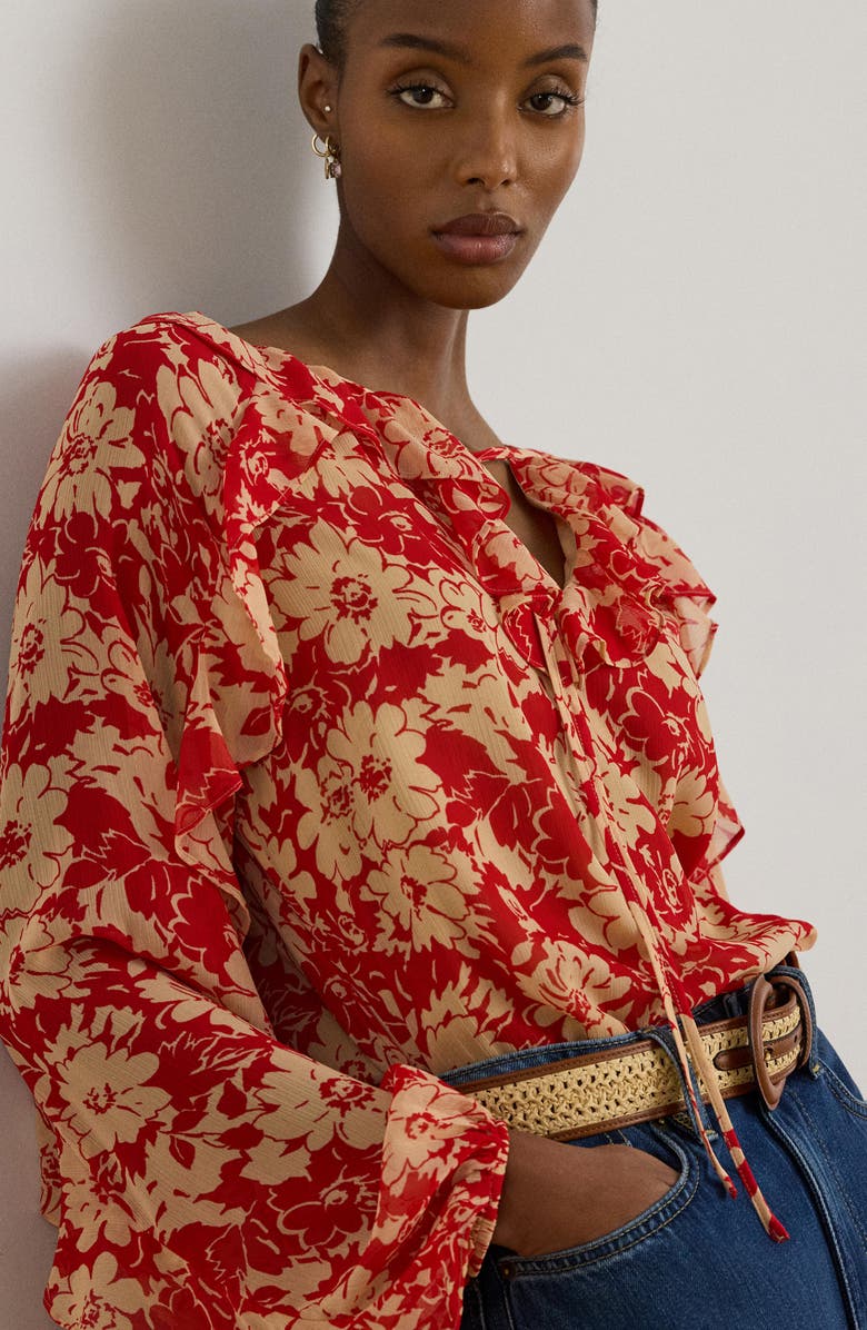 Lauren Ralph Lauren Floral Ruffle Detail Crinkle Top, Alternate, color, Red/ Tan