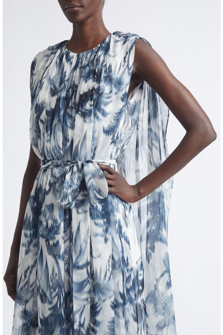 Chiné Palm Leaves Print Silk Caftan, Alternate, color, NAVY/ WHITE