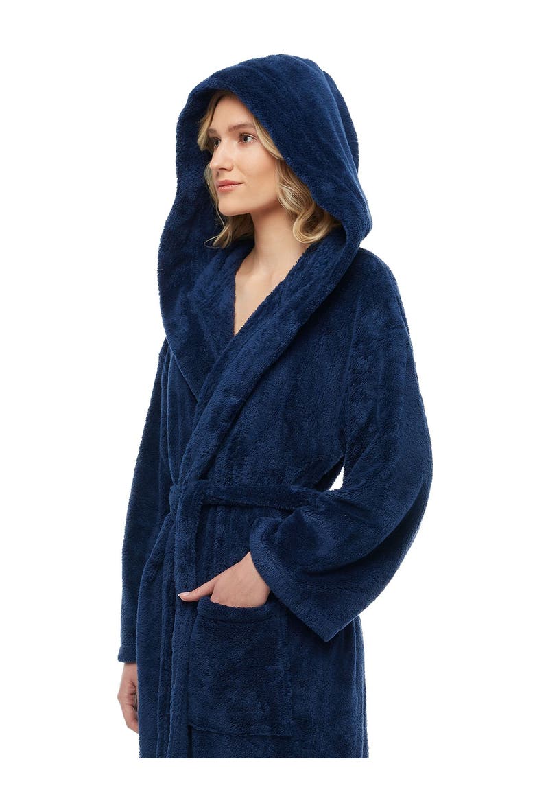 Womens Long Fleece Robe with Hood, Alternate, color, Navy