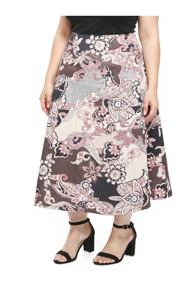 Plus Size Paisley Elastic Waist A-Line Maxi Skirt, Alternate, color, Brown Multi