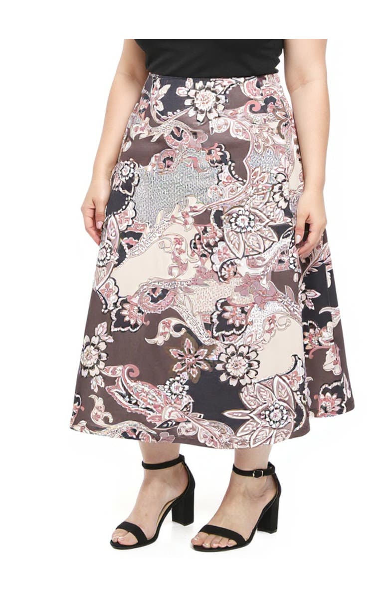 24seven Comfort Apparel Plus Size Paisley Elastic Waist A-Line Maxi Skirt, Alternate, color, Brown Multi