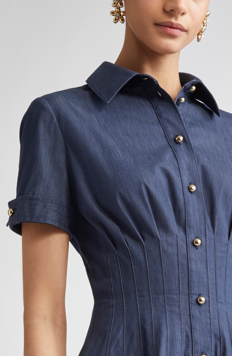 Carolina Herrera Pintuck Waist Stretch Denim Shirtdress, Alternate, color, Dark Navy
