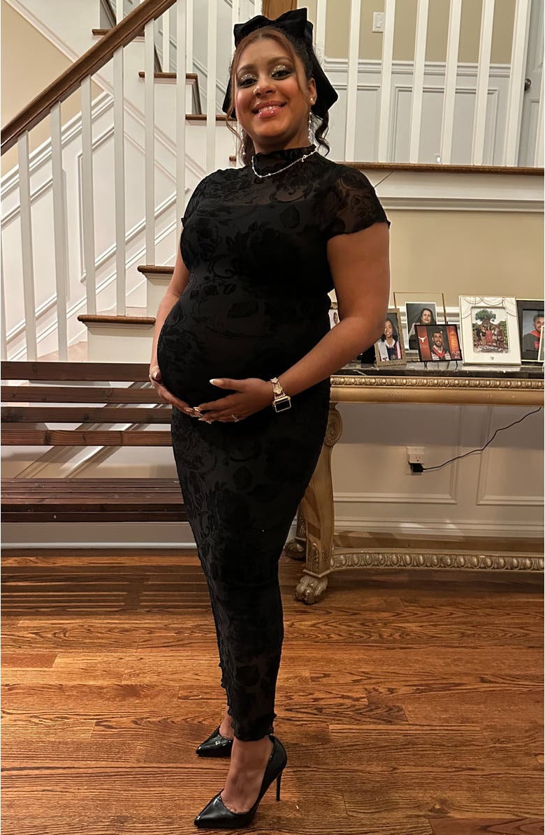 PinkBlush Floral Mesh Overlay Fitted Maxi Dress, Alternate, color, Black