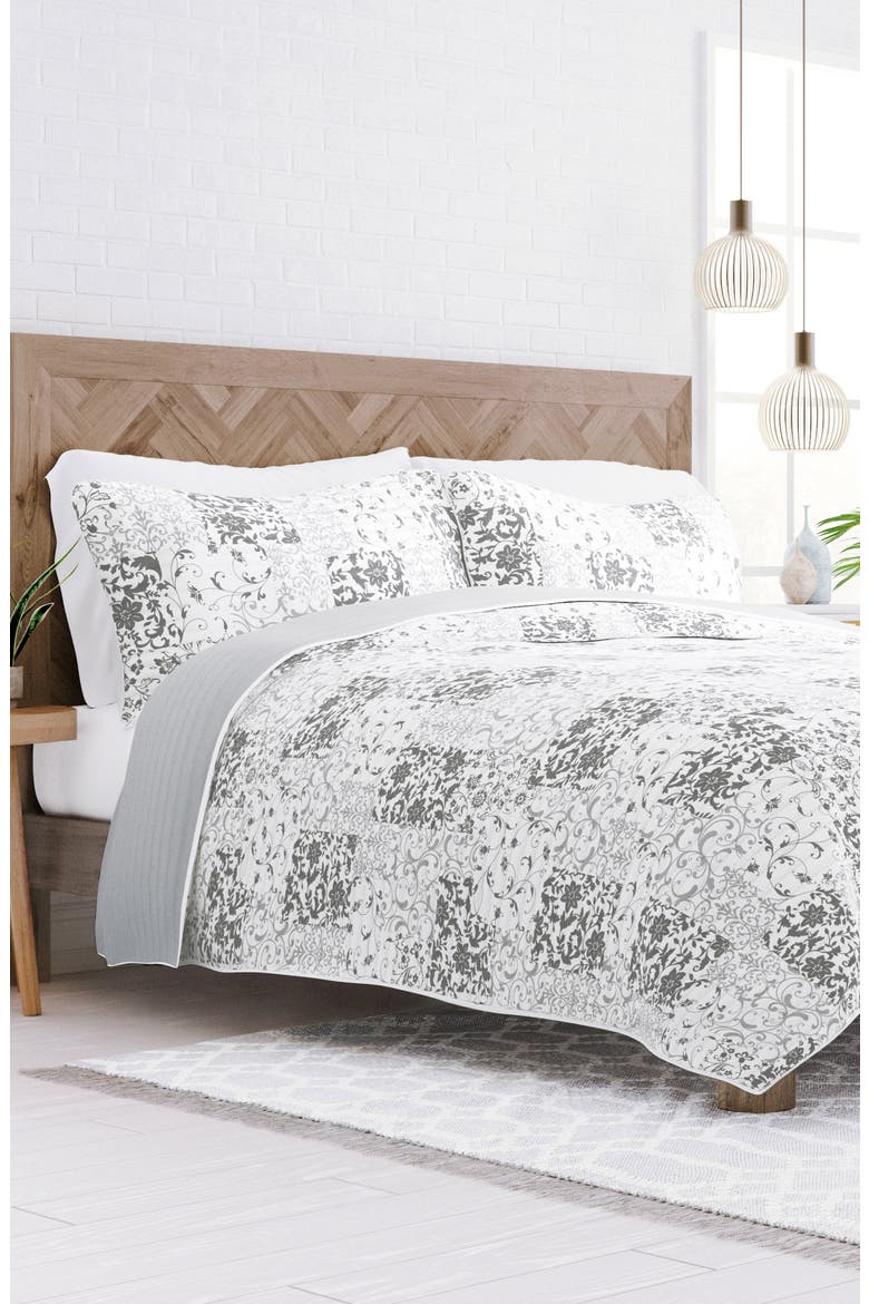 All Season Patchwork 3-Piece Down Alternative Reversible Quilt Set, Alternate, color, LIGHT GRAY