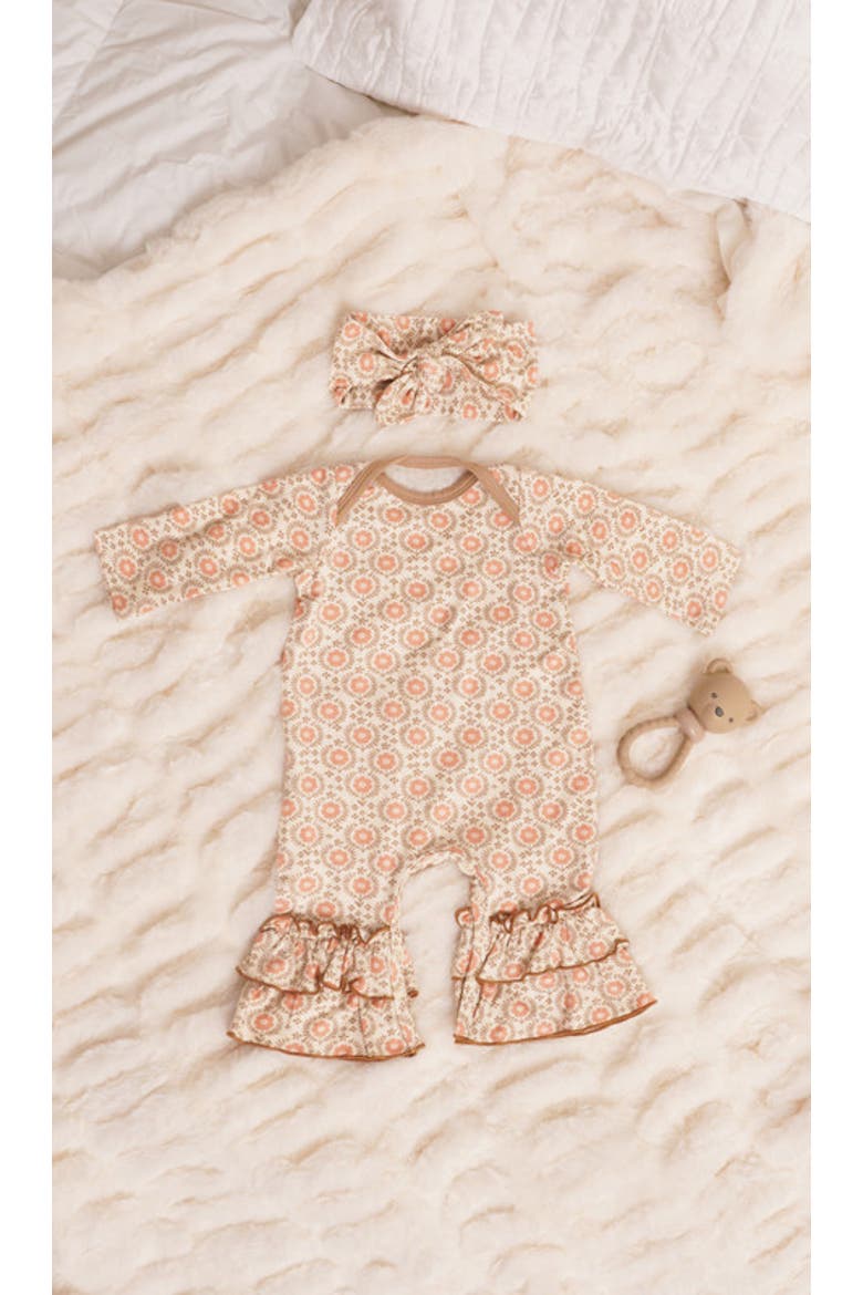 Ruffle Romper & Head Wrap Set, Alternate, color, Bohemian